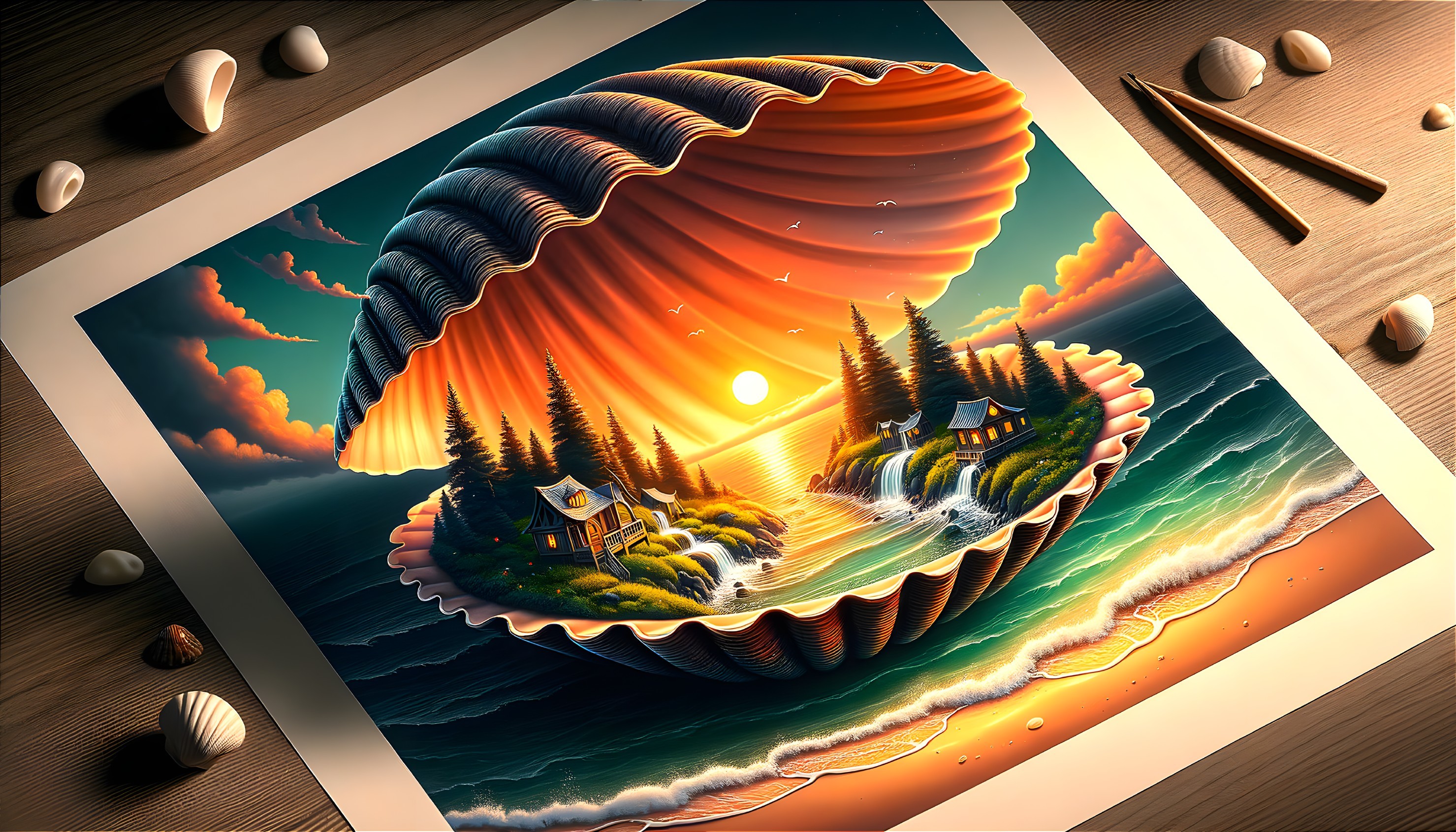 Surreal seascape illustration with shell-shaped waves and sunlit landscape on paper