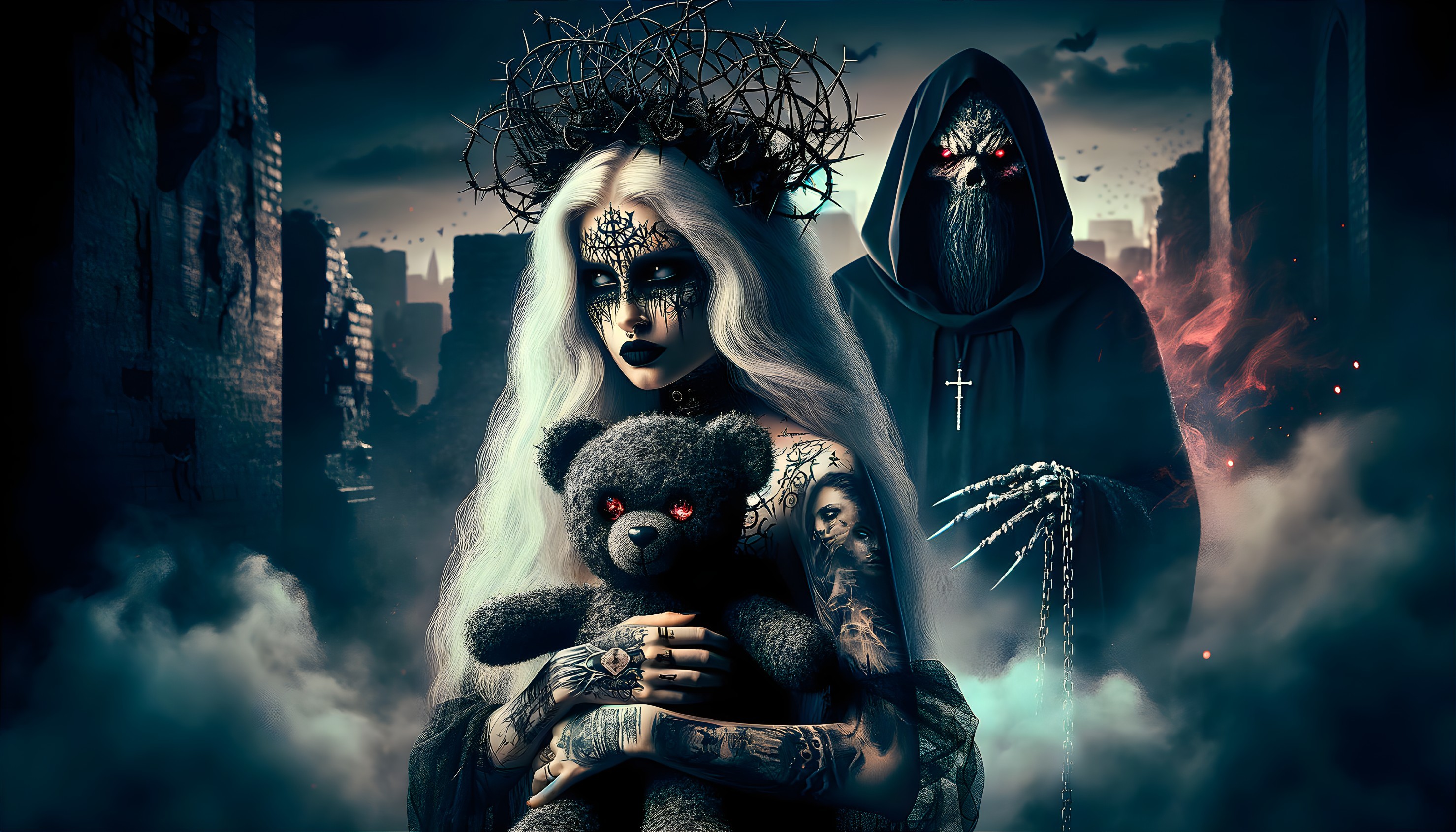 Pale Figure with Teddy Bear in Dystopian Cityscape