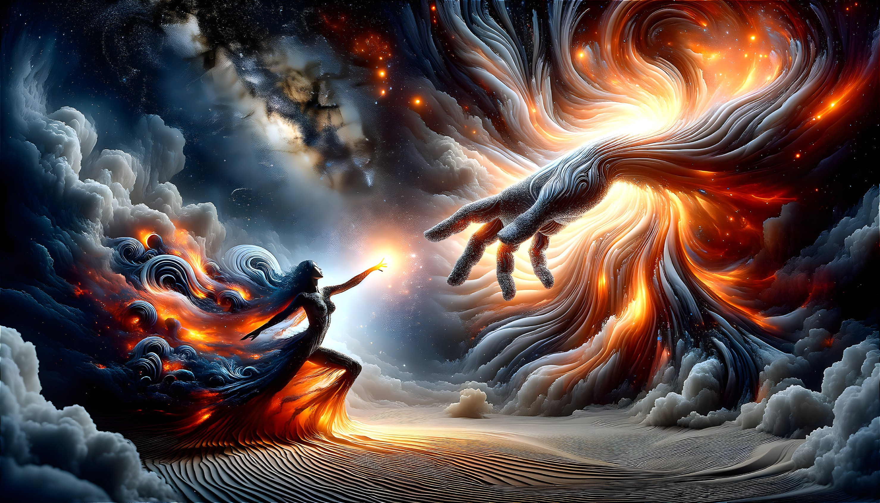 Cosmic Scene with Mystical Figure and Grand Hand