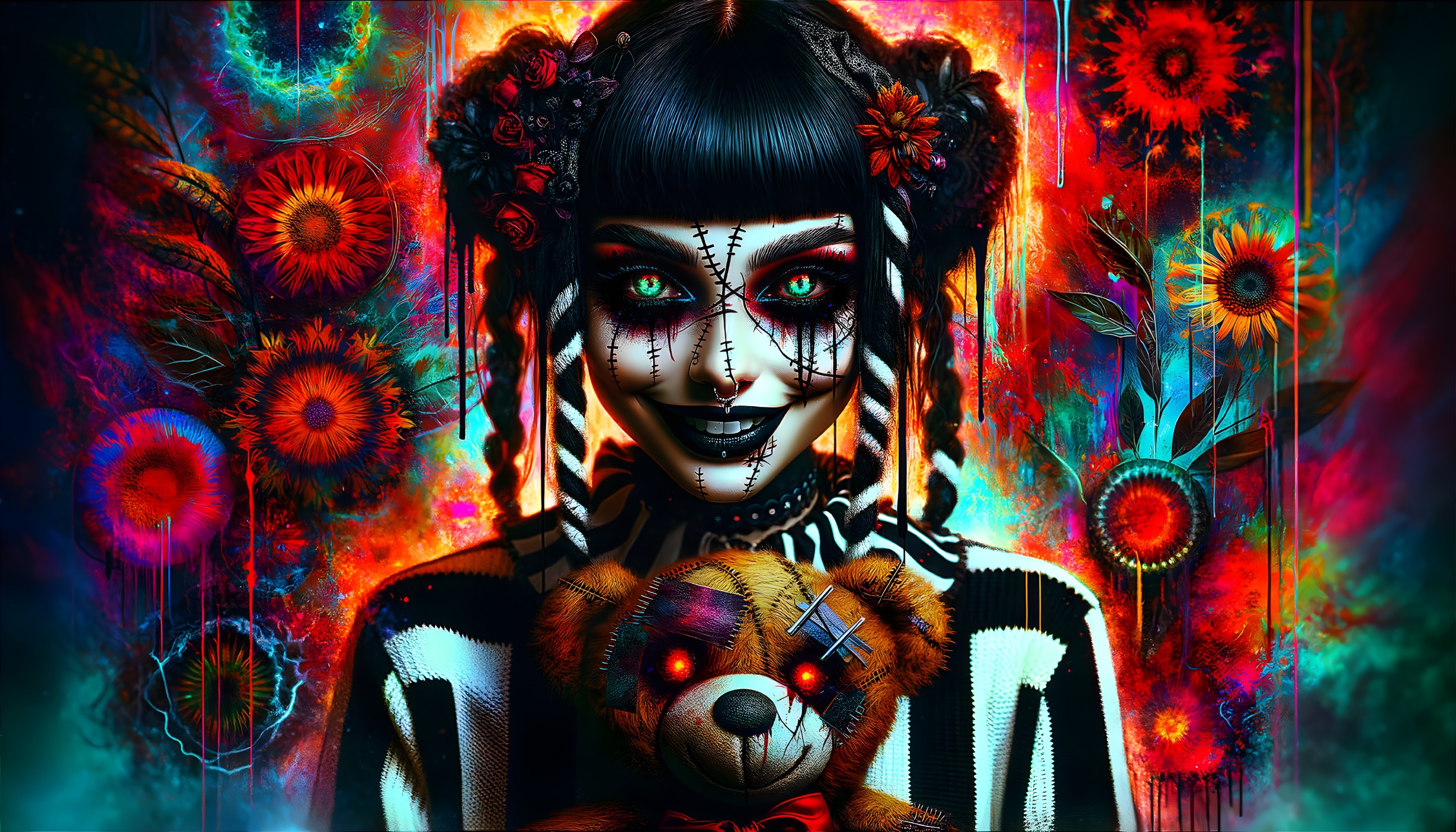Vibrant Digital Artwork of Woman with Gothic Makeup