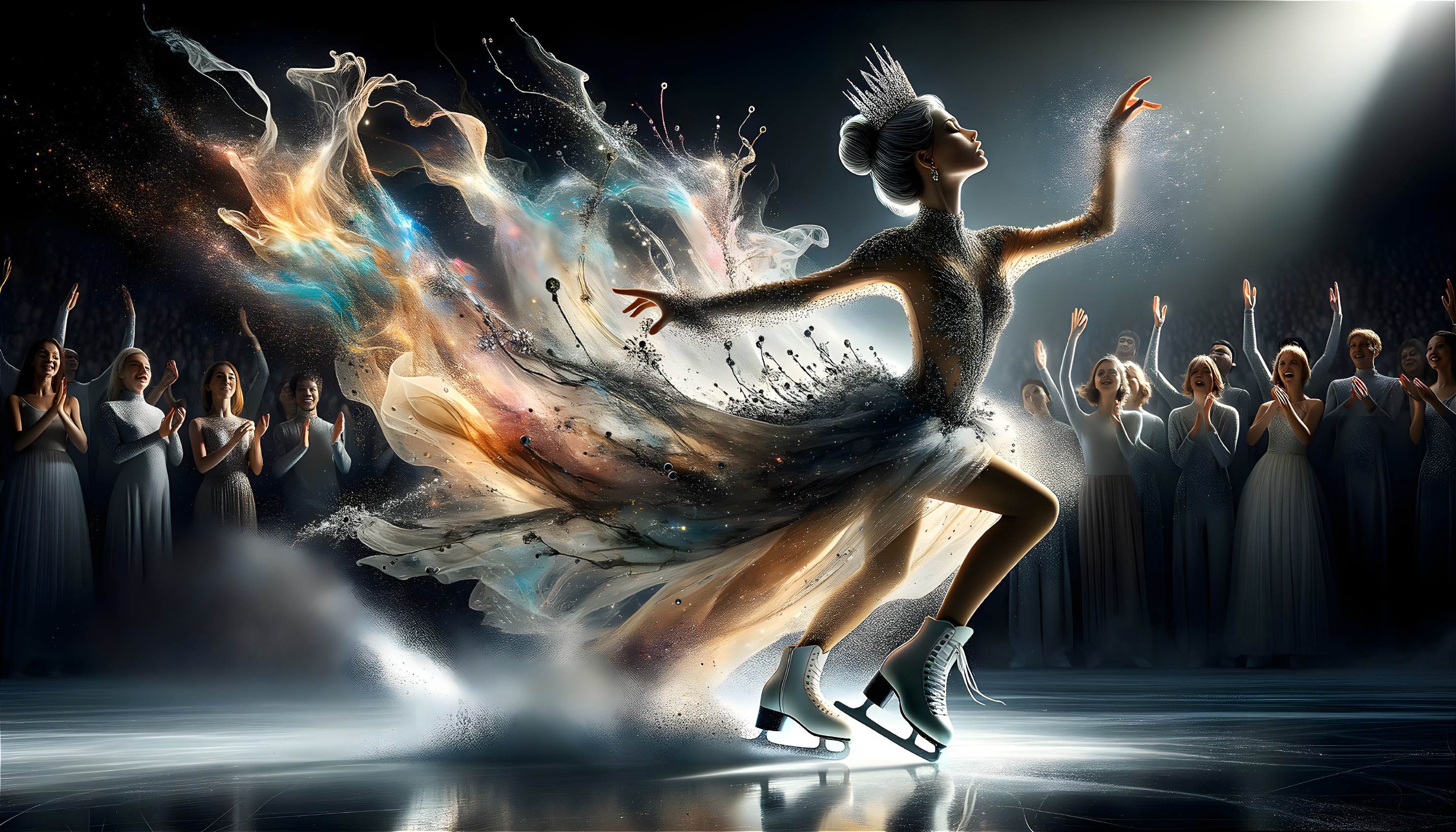 Graceful figure skater in cosmic nebula gown on ice