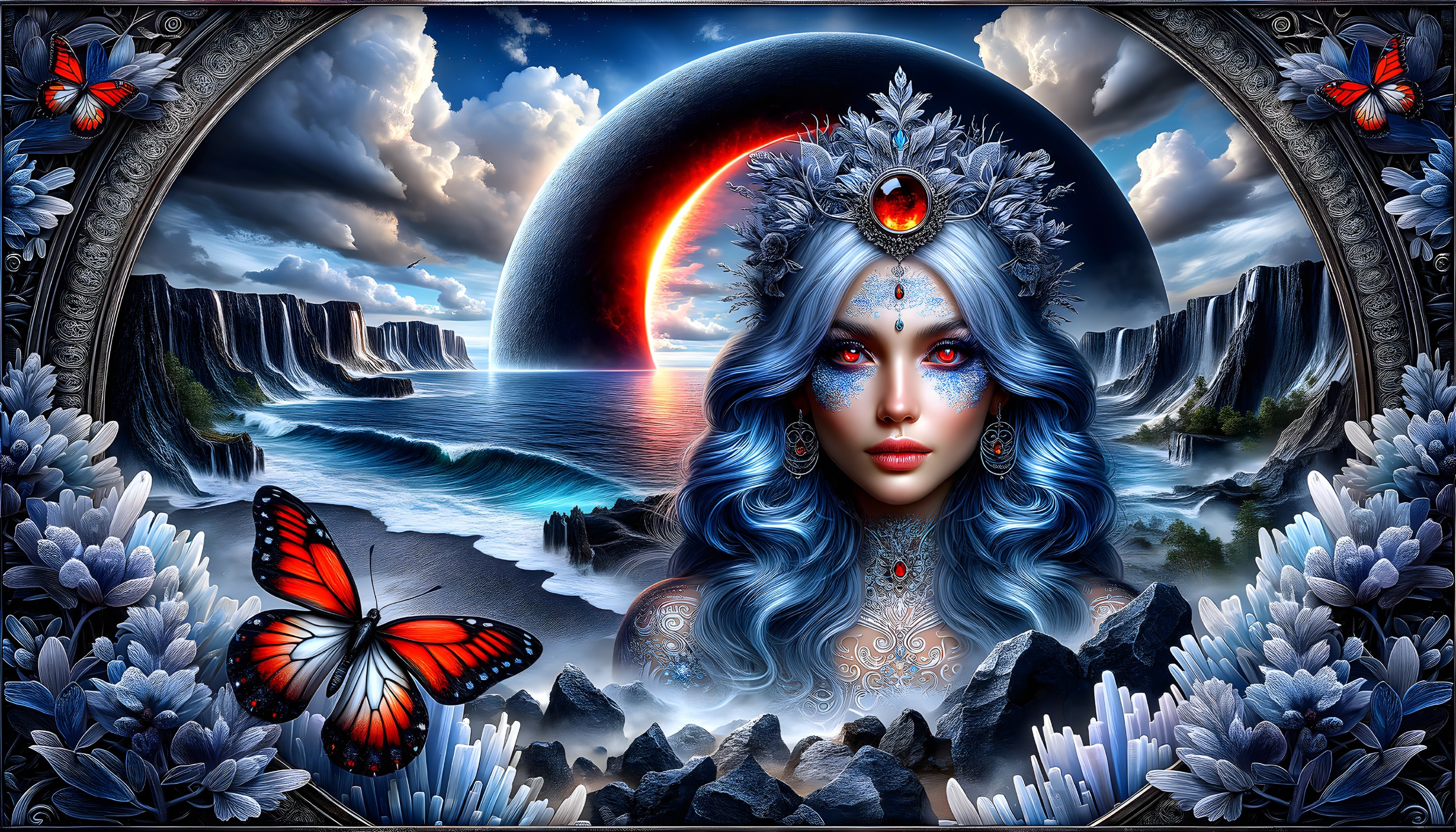 Mystical Scene with Serene Woman and Ethereal Landscapes