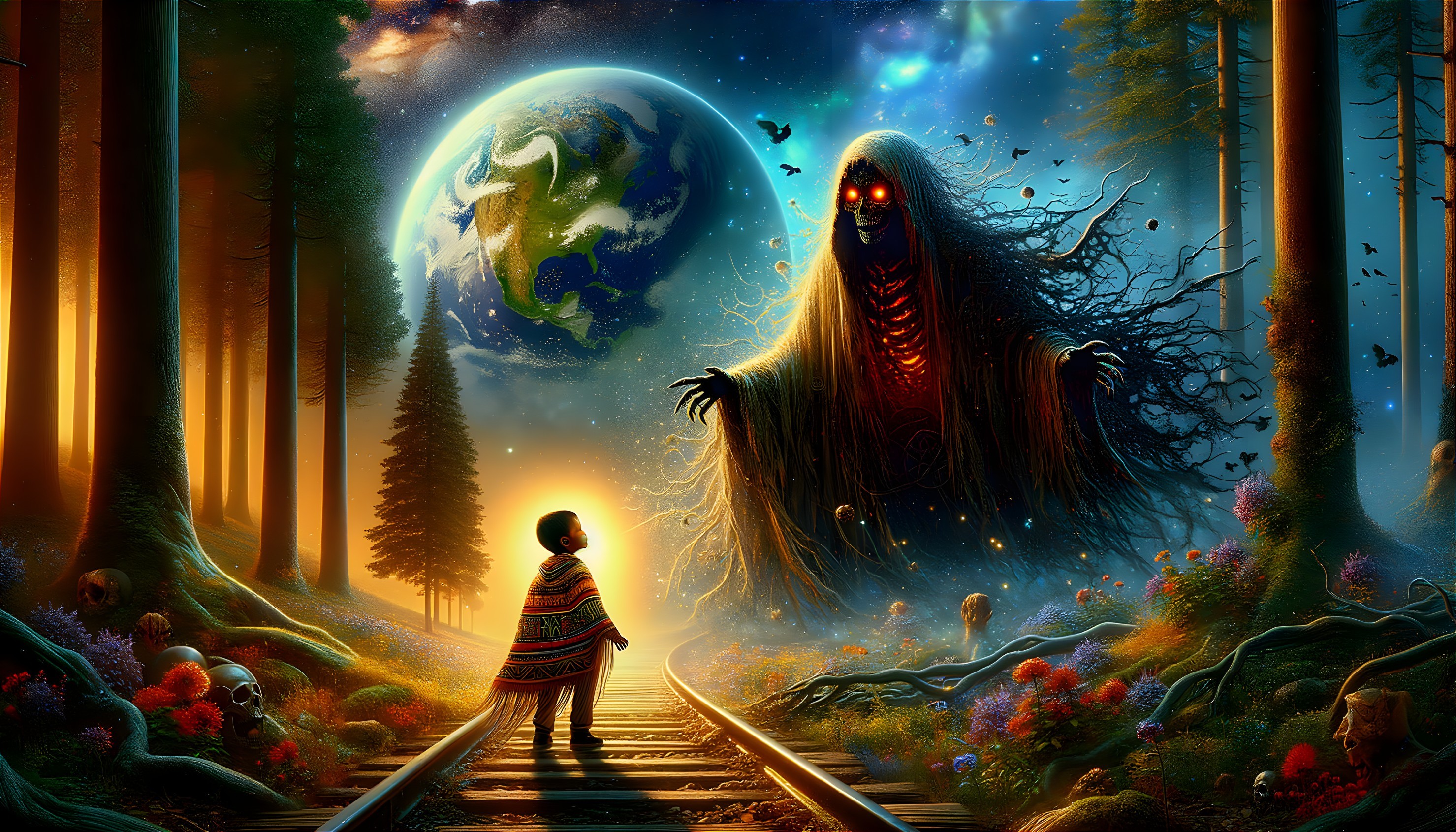 Person on Train Tracks Facing Spectral Figure in Forest