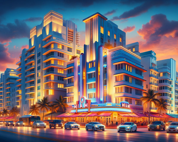 Colorful Art Deco Buildings in Miami at Sunset