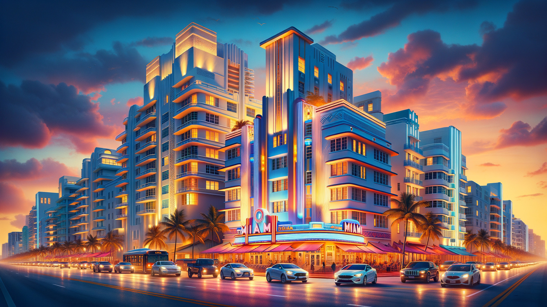 Colorful Art Deco Buildings in Miami at Sunset