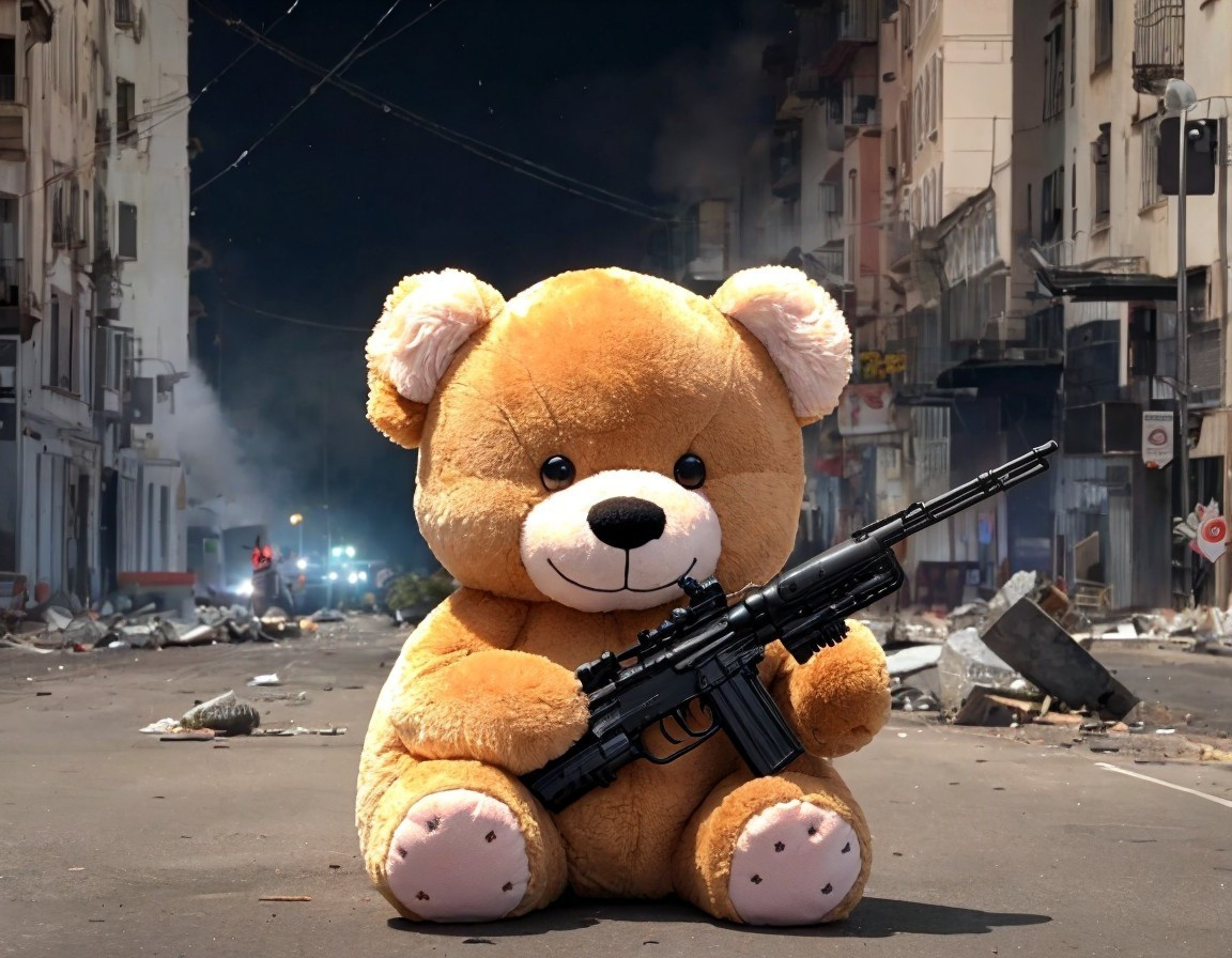 Teddy Bear with Rifle in Urban Street Setting