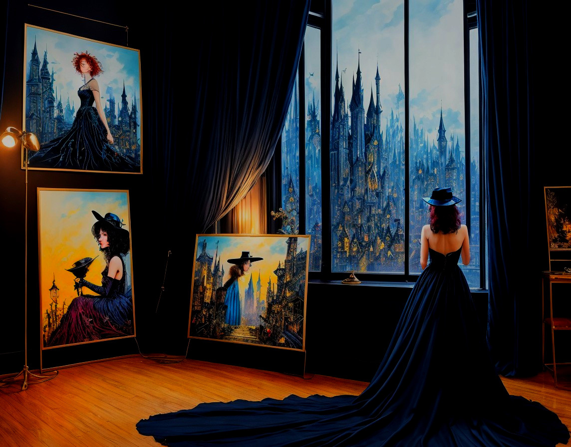 Woman in Blue Gown Surrounded by Gothic Fantasy Paintings