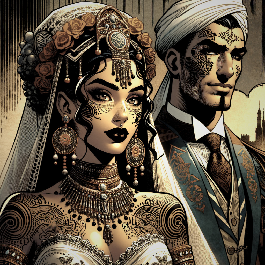 Detailed Traditional Wedding Attire Illustration with Elaborate Henna Designs