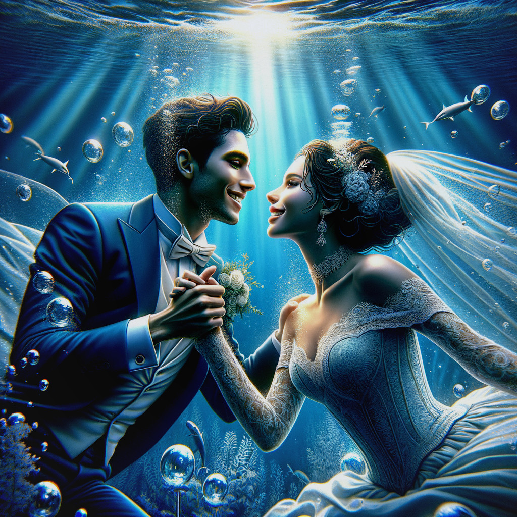 Stylized wedding couple submerged in water with bubbles and fish