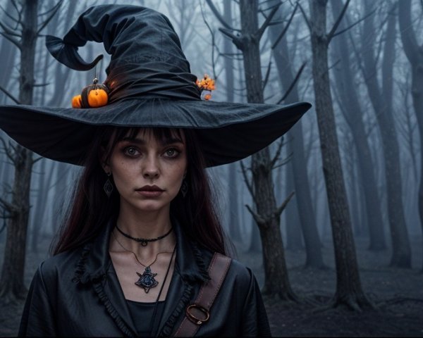 Witch in Misty Forest with Pointed Black Hat