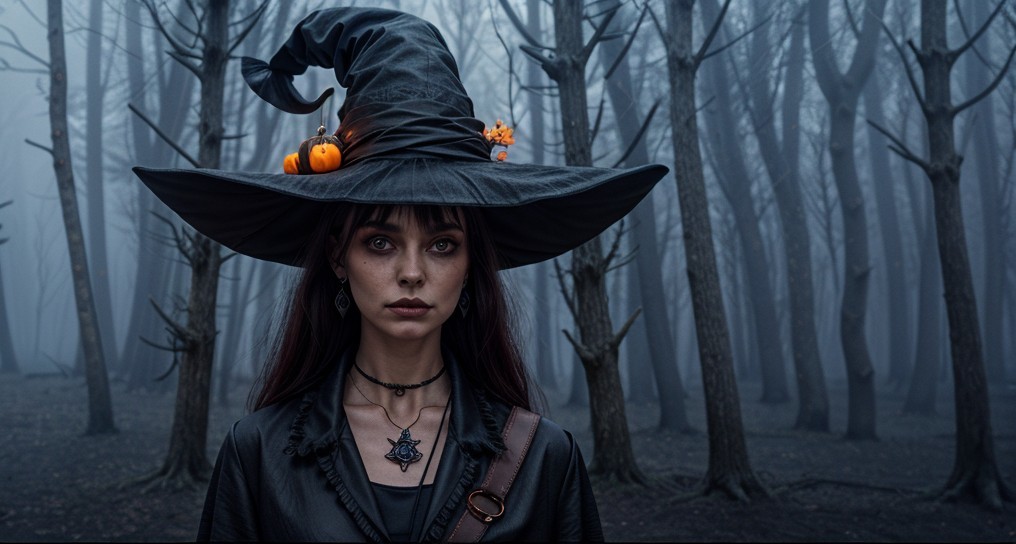 Witch in Misty Forest with Pointed Black Hat