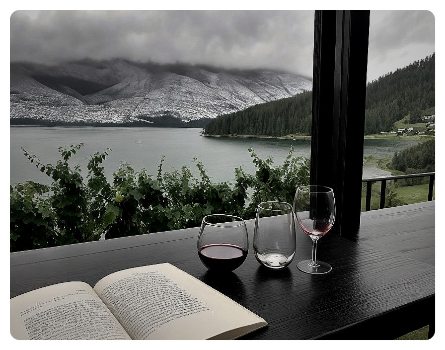 Lakeside Setting with Wine Glasses and Open Book
