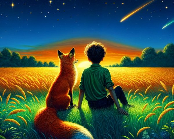 Young Boy and Red Fox at Sunset in a Field