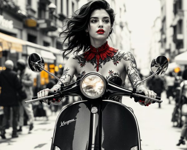 Black and white image of a woman on a Vespa