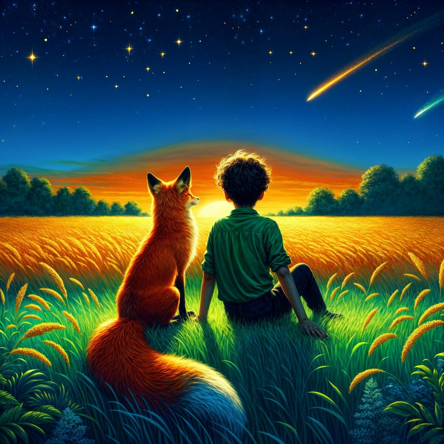 Young Boy and Red Fox at Sunset in a Field