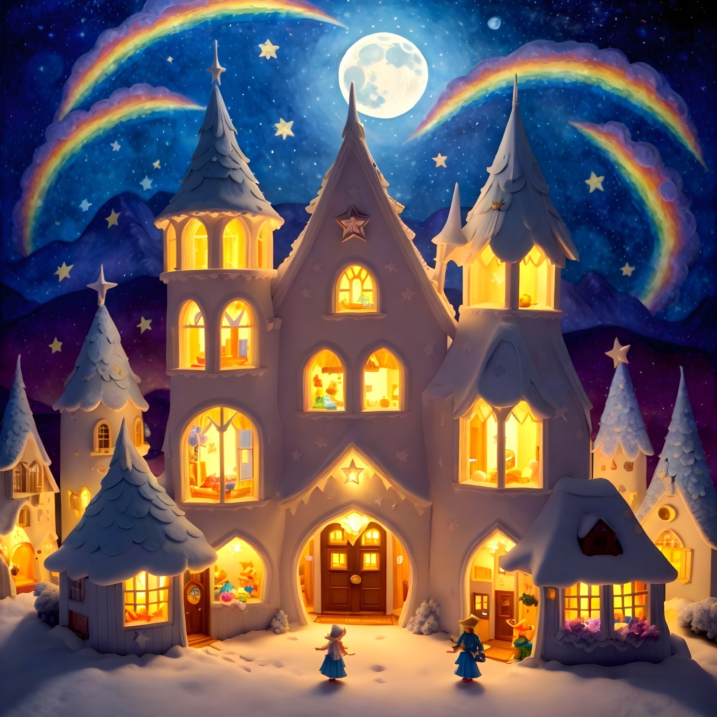 Whimsical castle-like house in snowy village under night sky