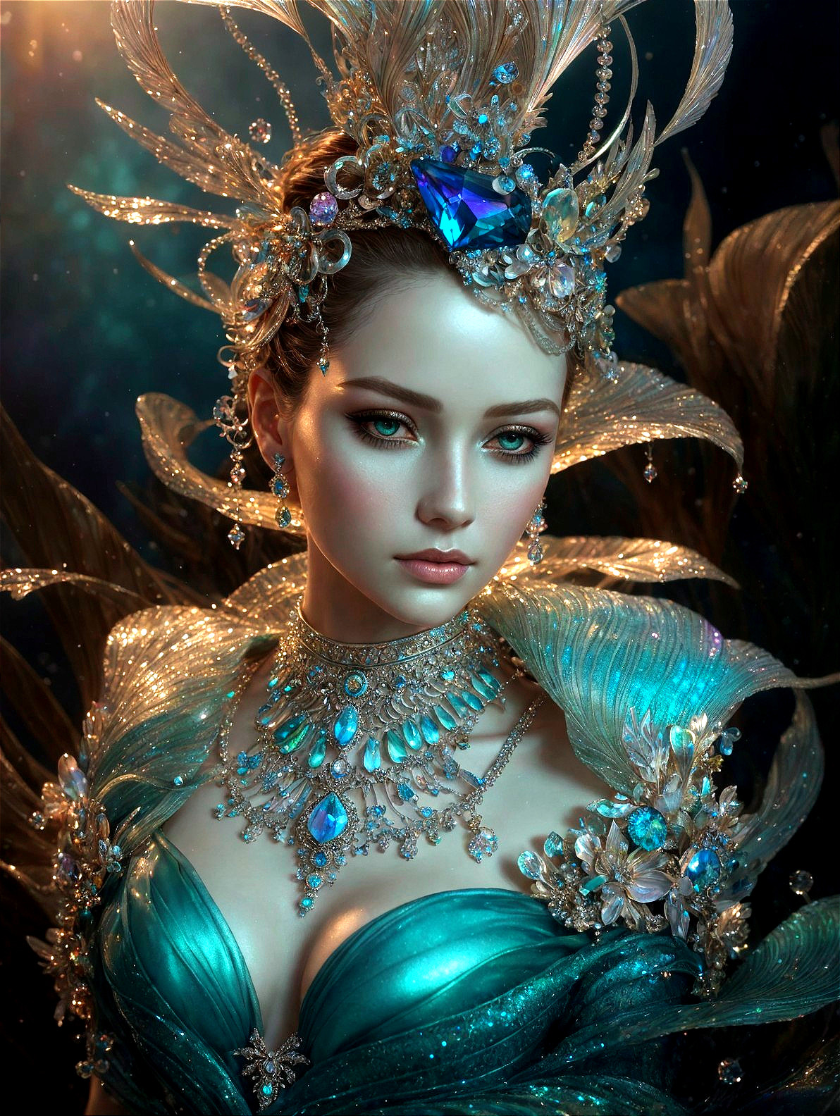 Intricate jeweled headdress and necklace on woman against dark background