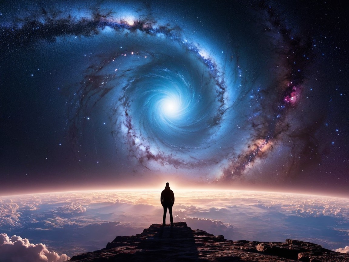 Person on Rocky Outcrop Overlooking Cloudy Planet