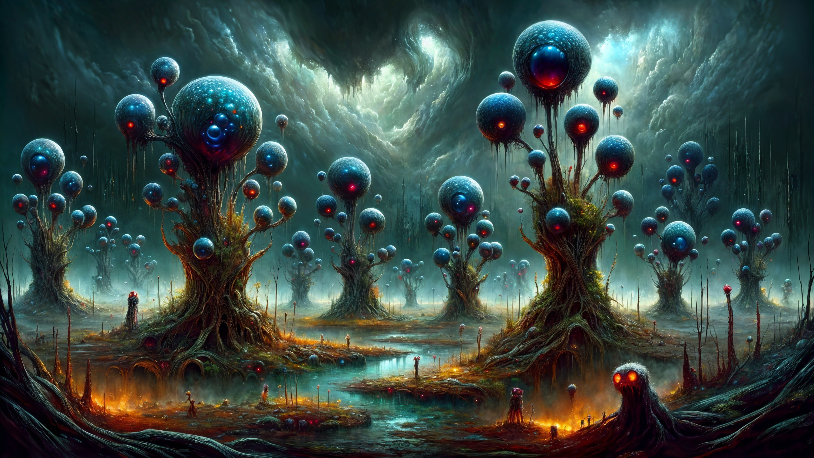 Surreal Landscape with Tree-like Structures and Orbs