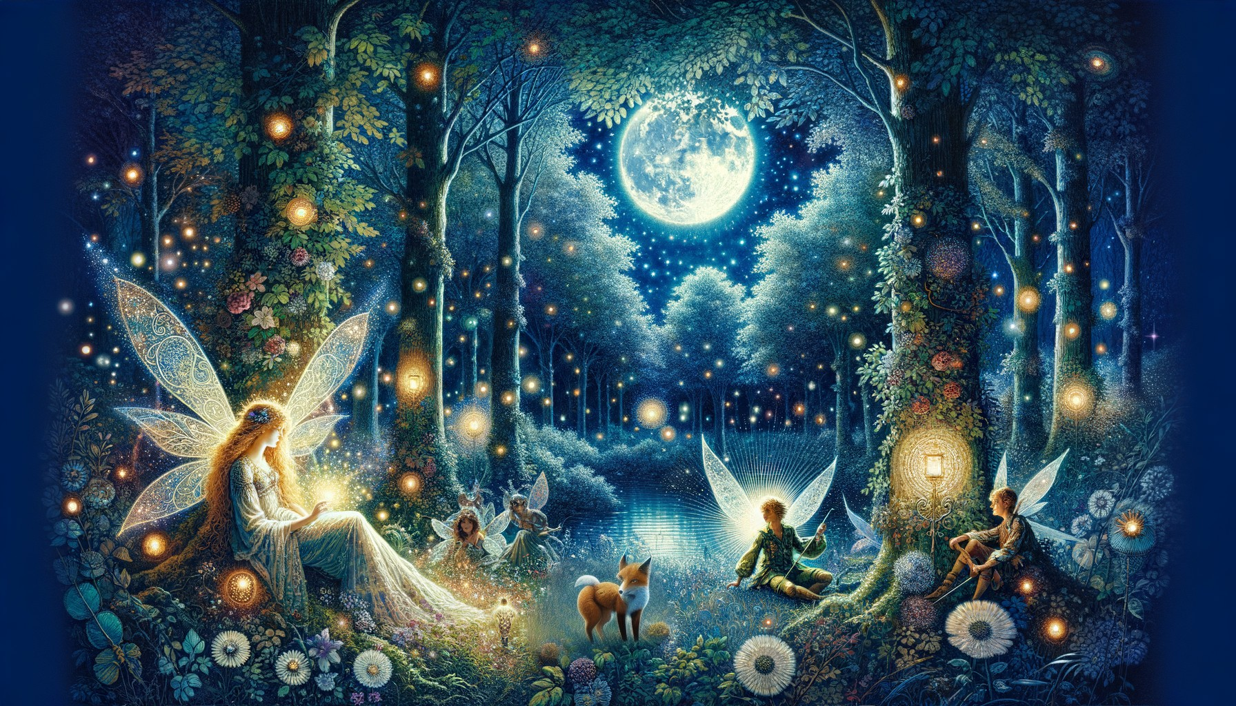 Magical Forest Scene with Fairies and Nature Elements