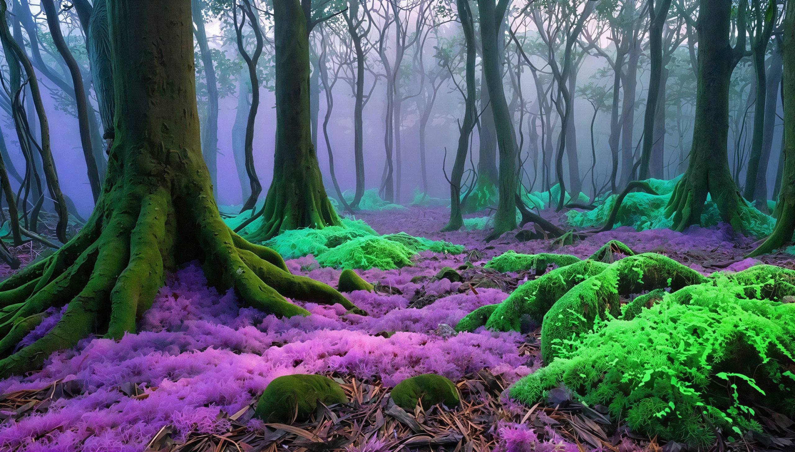 Fantastical Forest Scene with Moss and Misty Haze