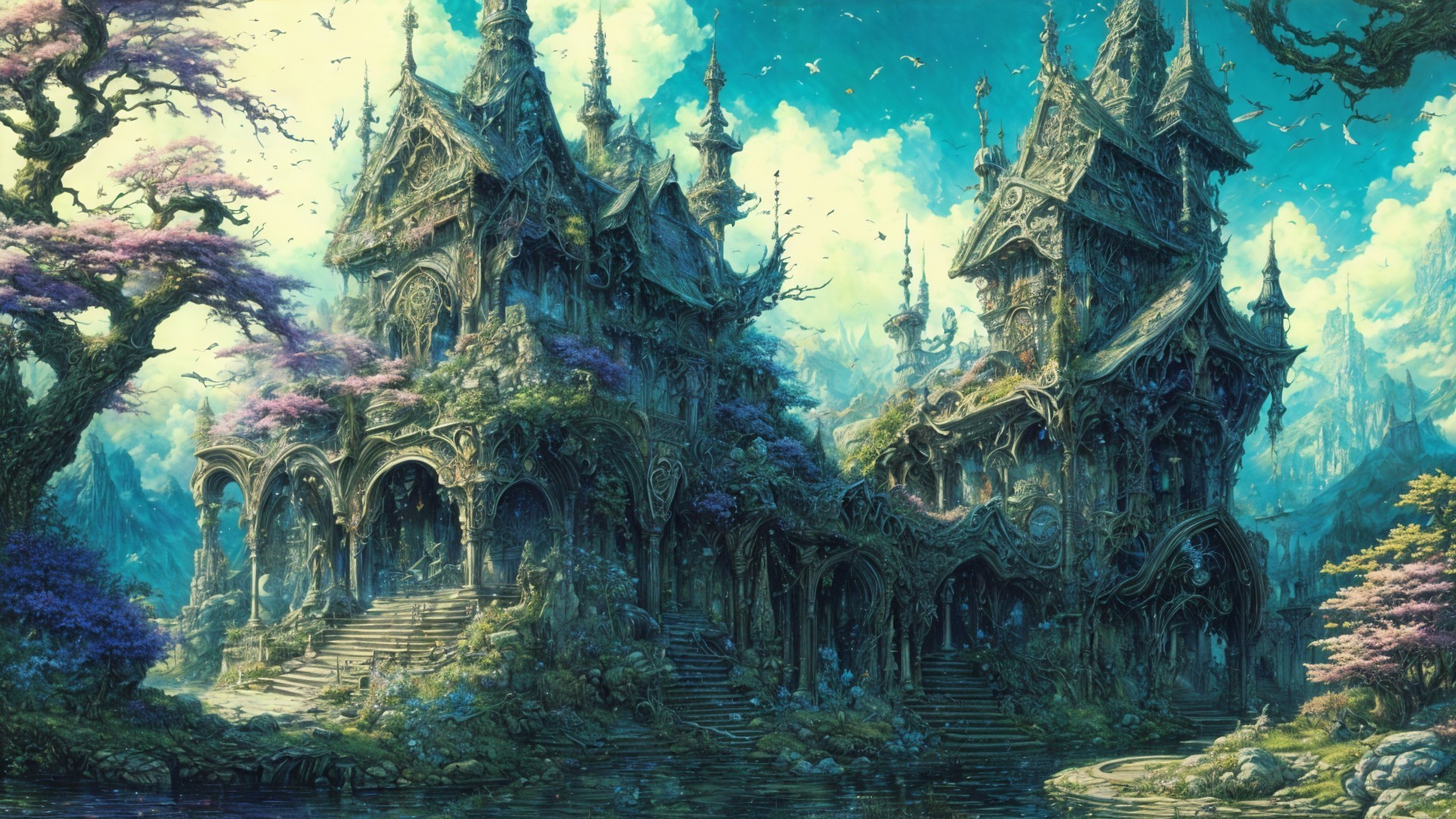 Ornate Mansion in a Whimsical Natural Landscape