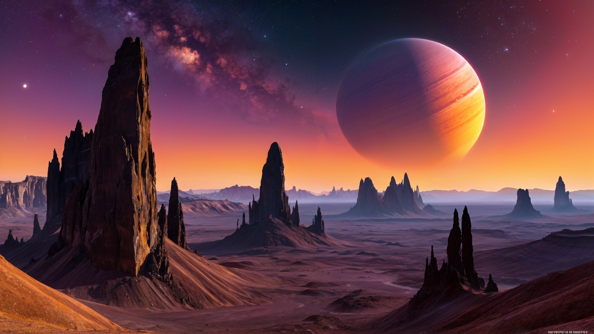 Alien Landscape with Towering Rocks and Gas Giant