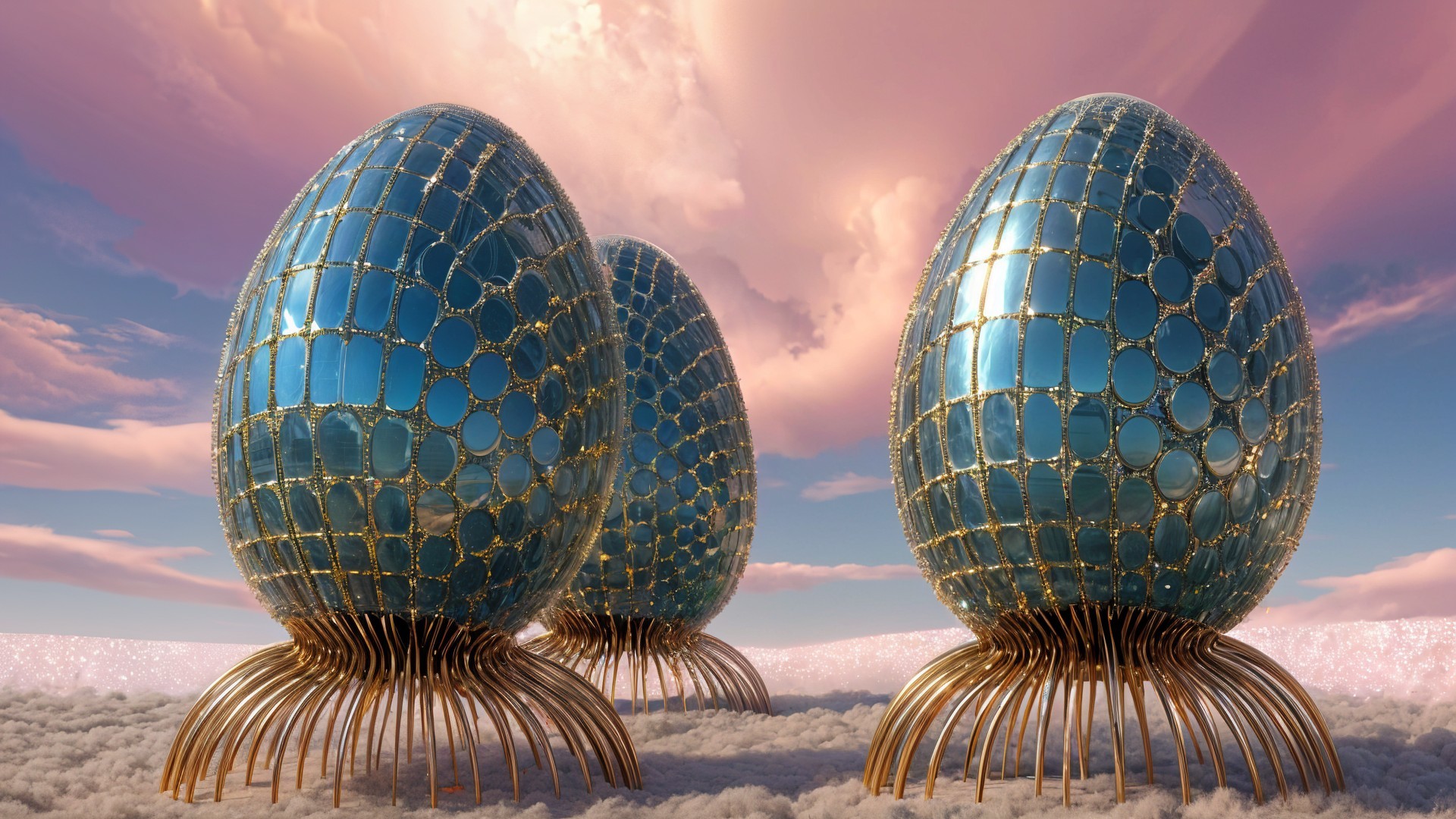 Reflective Blue Egg-Shaped Structures on Cloud-Like Ground