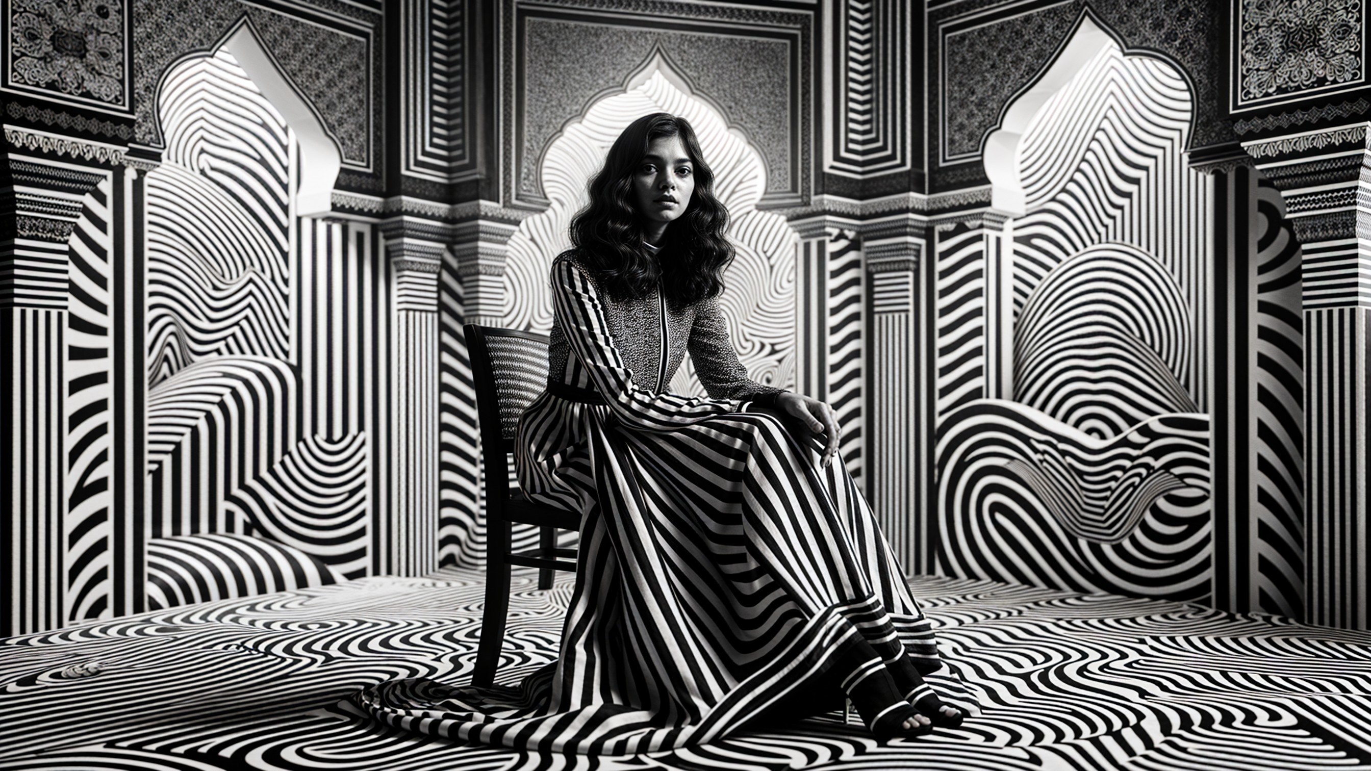 Black and white photo of a woman in a striped room