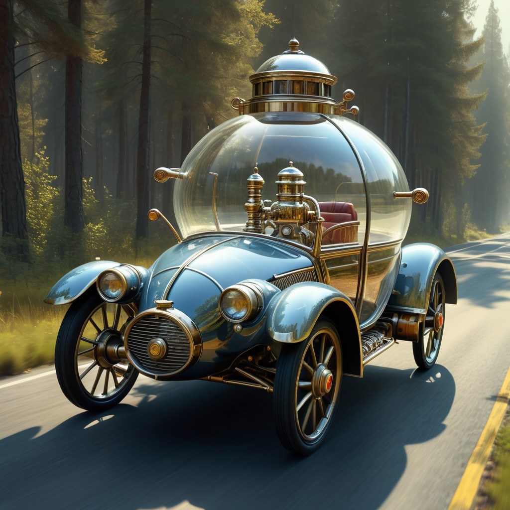 Steampunk Car with Glass Dome Driving Through Forest