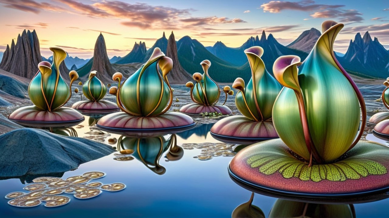 Surreal Landscape with Vibrant Flowers and Mountains