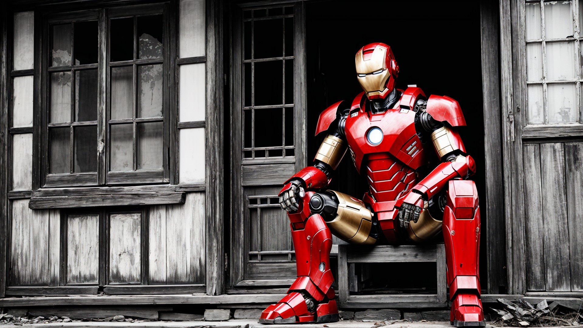Digitally Rendered Iron Man Suit on Rustic Porch