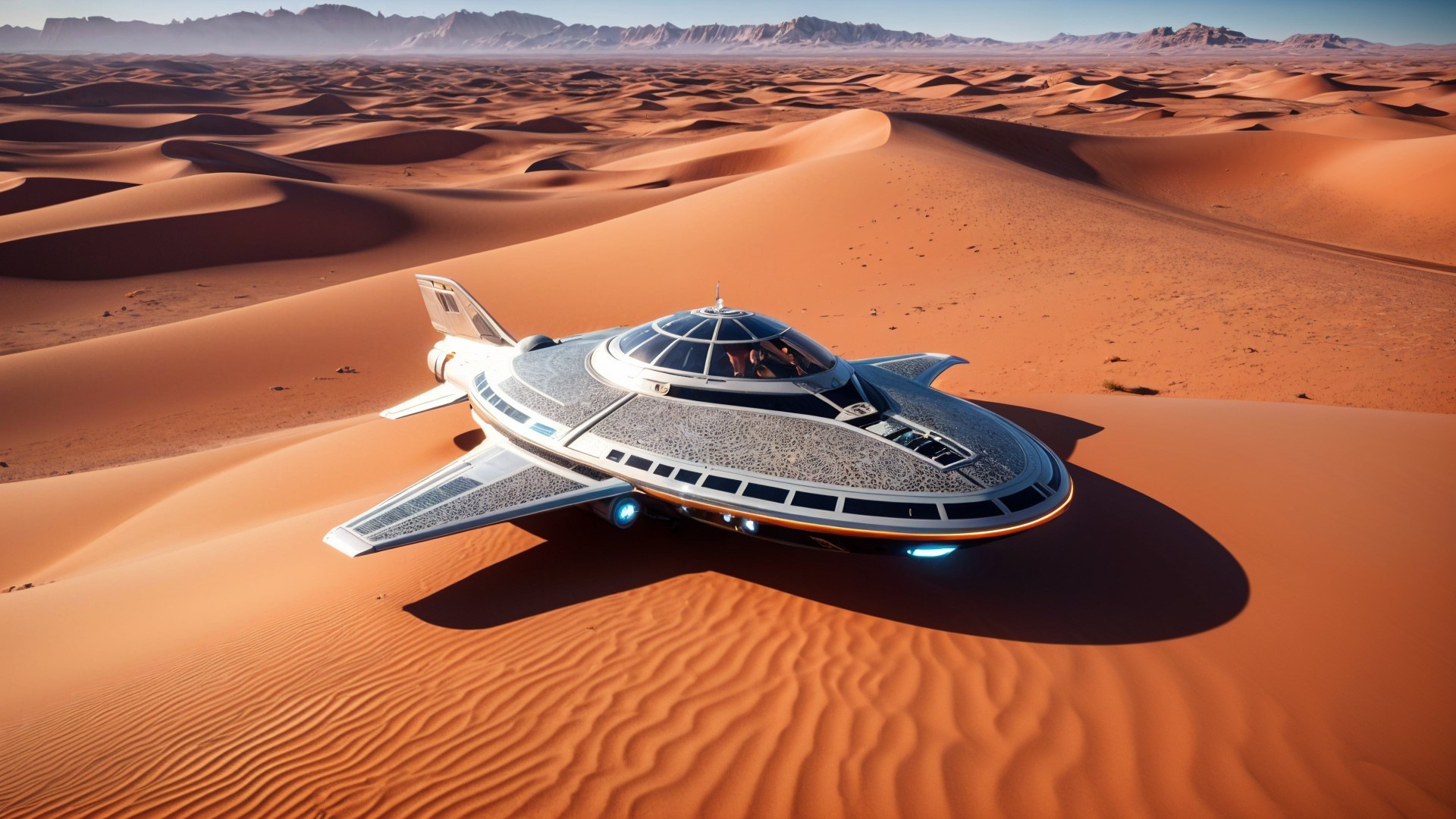 Futuristic Spaceship on Golden Desert Landscape