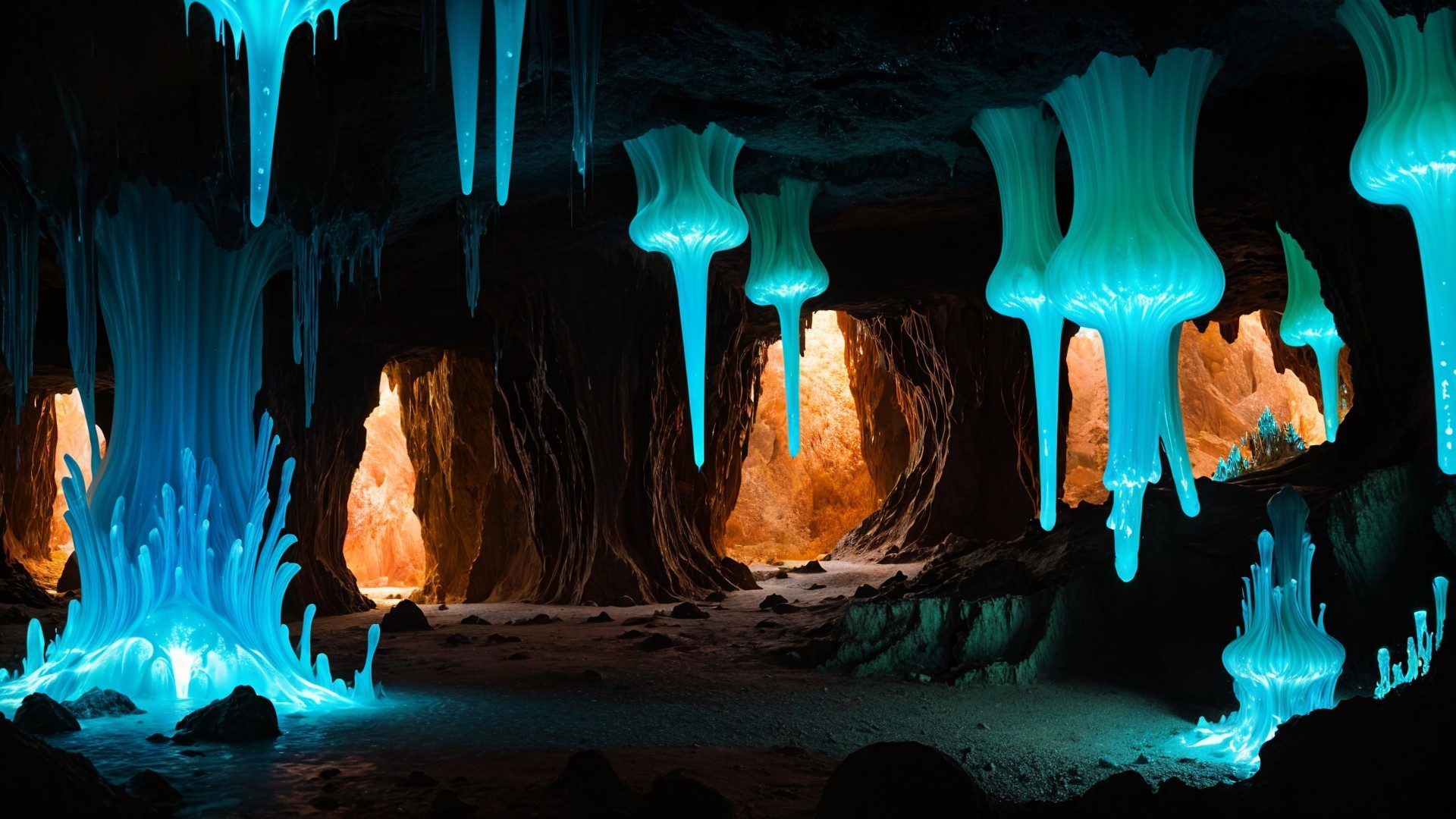 Mystical cave with glowing blue formations and textures