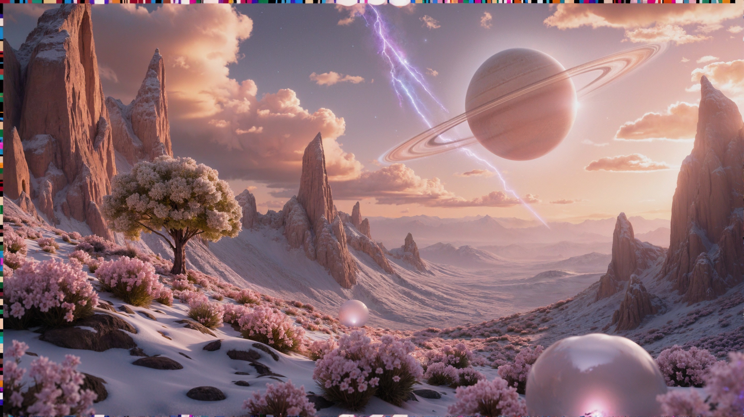 Extraterrestrial Landscape with Rock Formations and Flowers