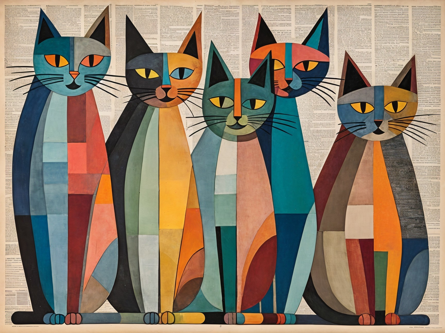 Abstract Artwork of Five Colorful Geometric Cats