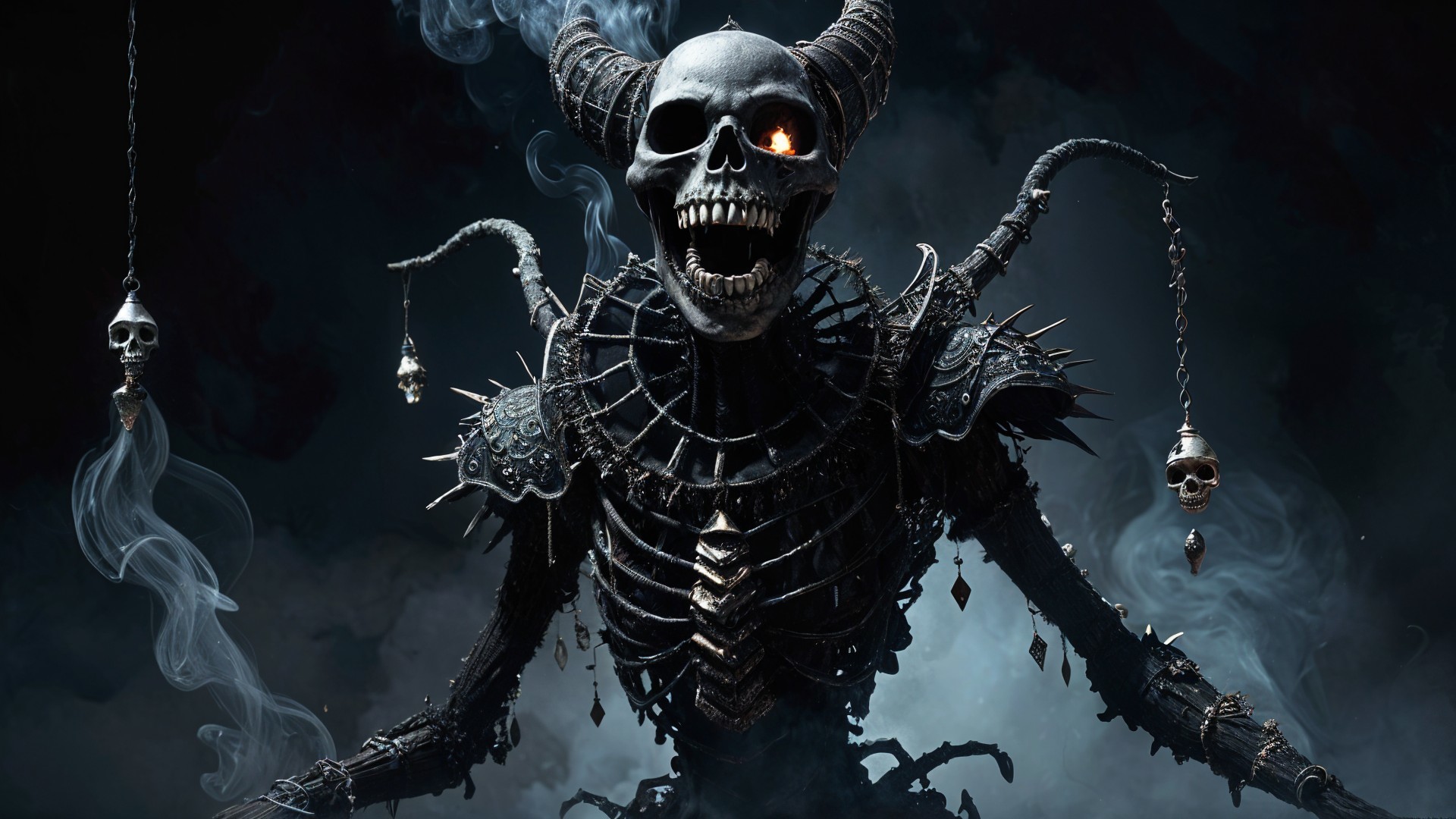 Menacing Skeleton Figure in Dark, Smoky Environment