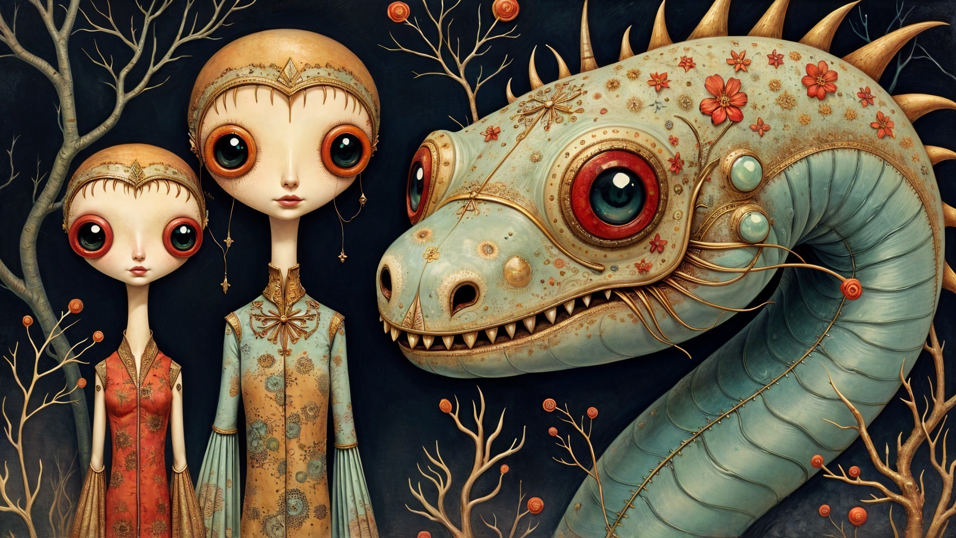 Whimsical Scene with Girls and a Dragon-Like Creature
