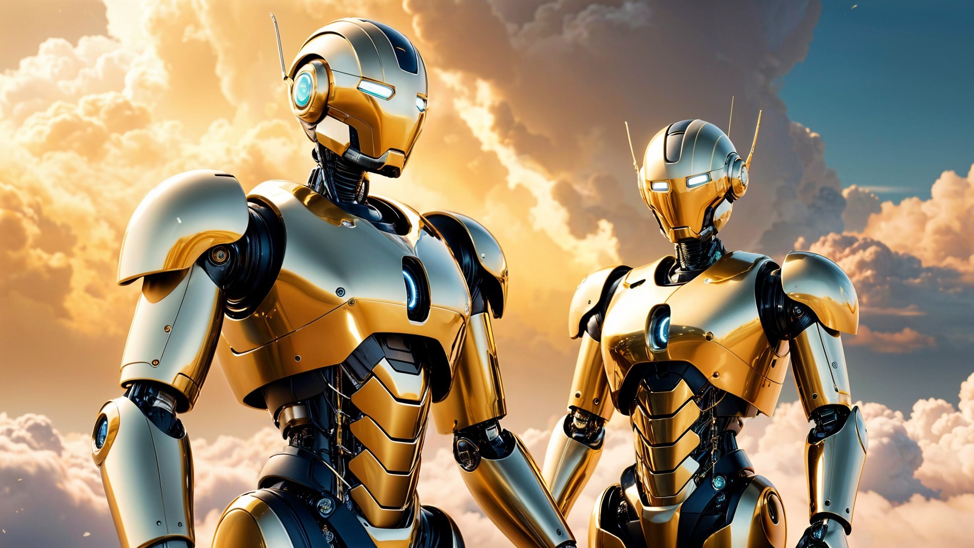 Humanoid Robots with Gold and Silver Armor in Clouds