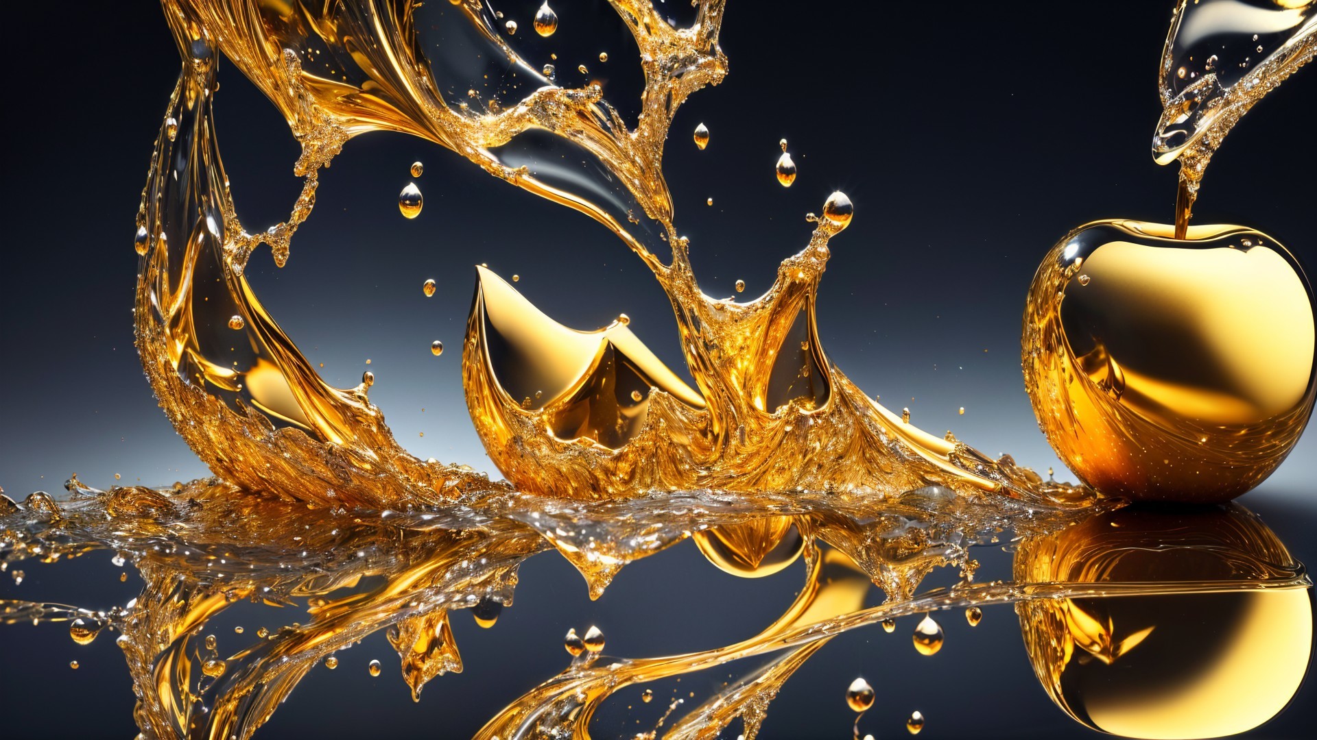 Close-Up of Golden Apple with Reflective Surface and Liquid