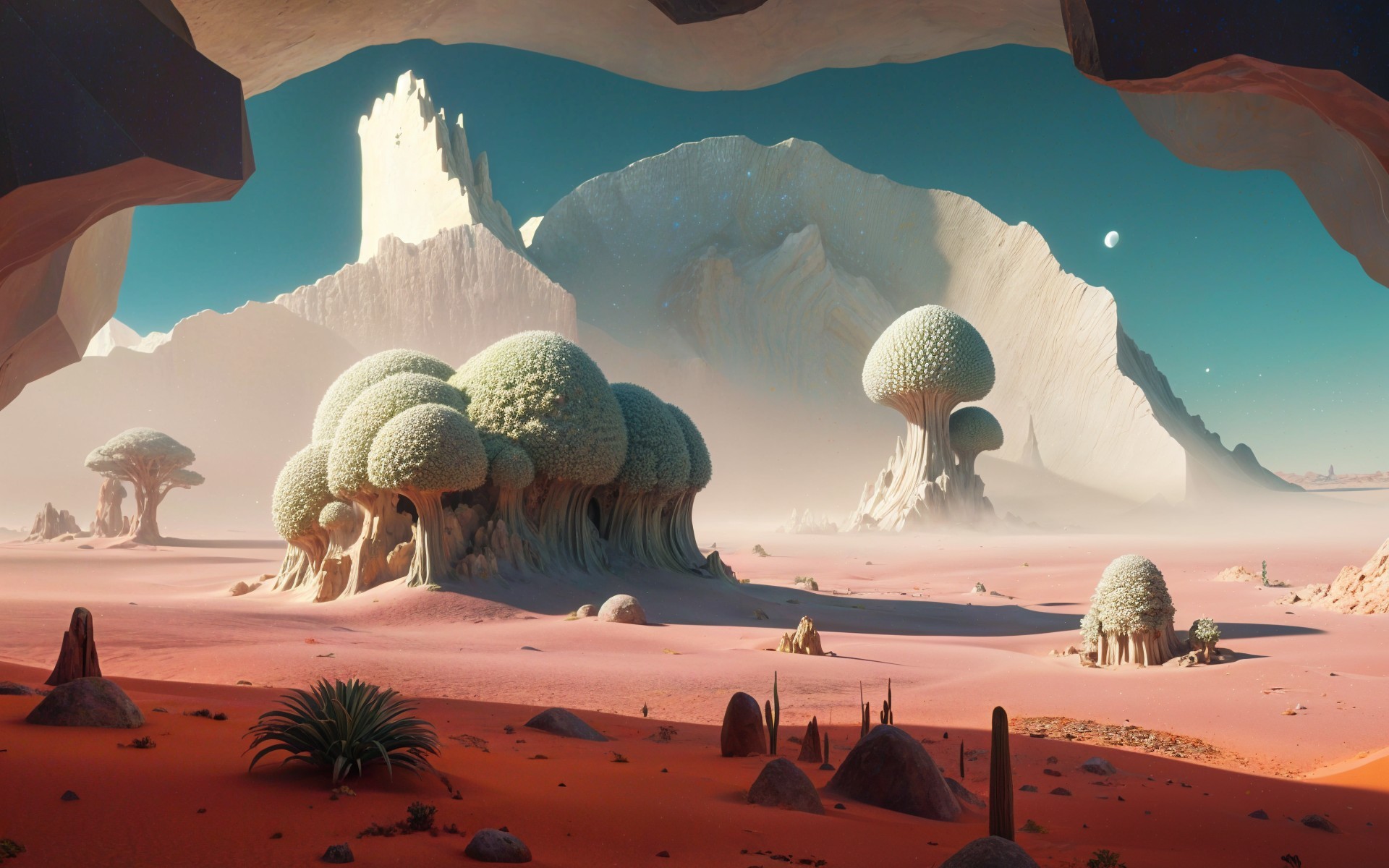Surreal Landscape with Vibrant Sky and Unique Features