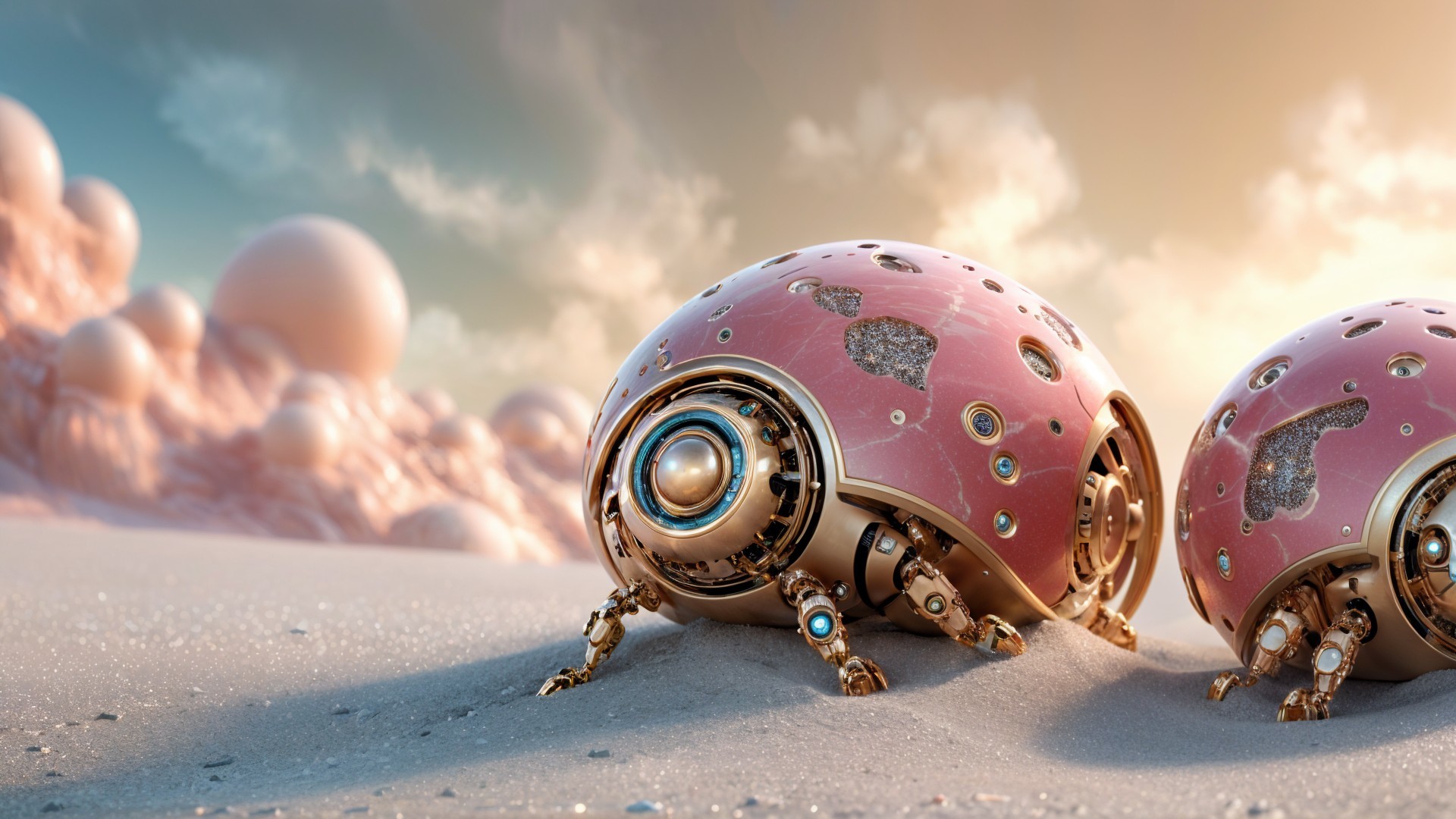 Futuristic ladybug robots on an alien sandy planet