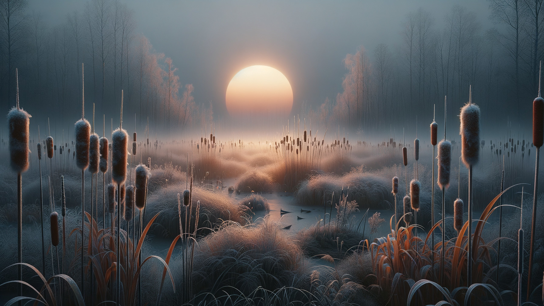 Misty Dawn Landscape with Cattails and Frosted Grasses