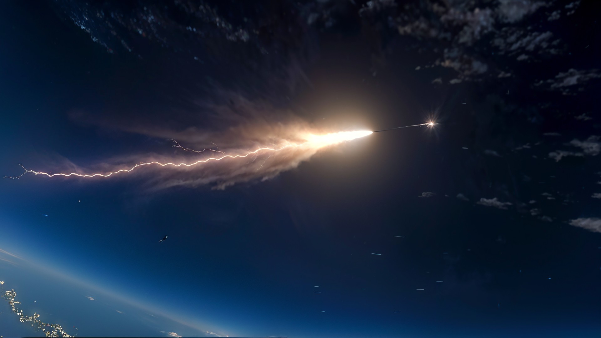 Rocket launch with flames and smoke against dark sky
