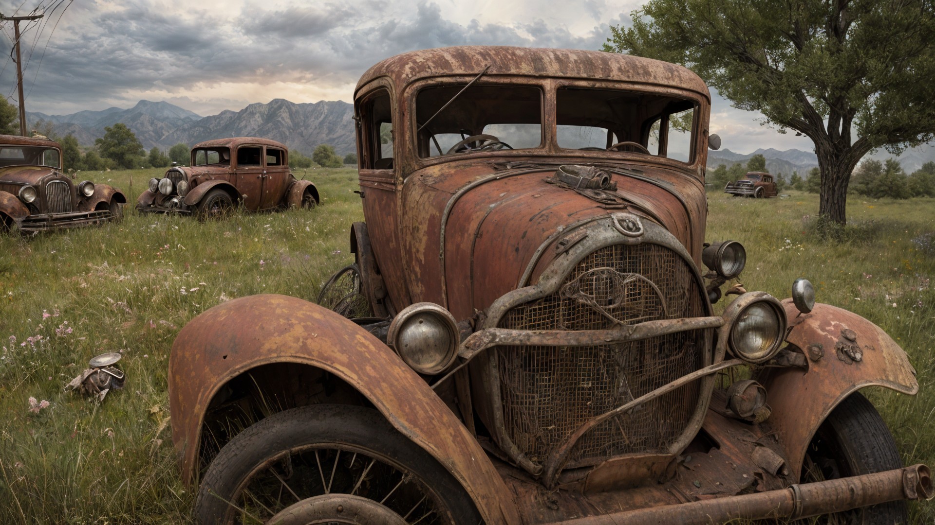 Vintage Rusted Cars in Overgrown Field Landscape