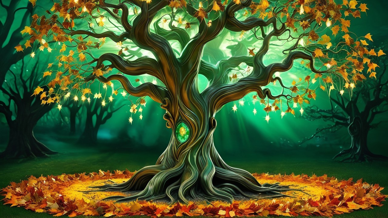 Majestic tree with emerald gemstone in mystical forest