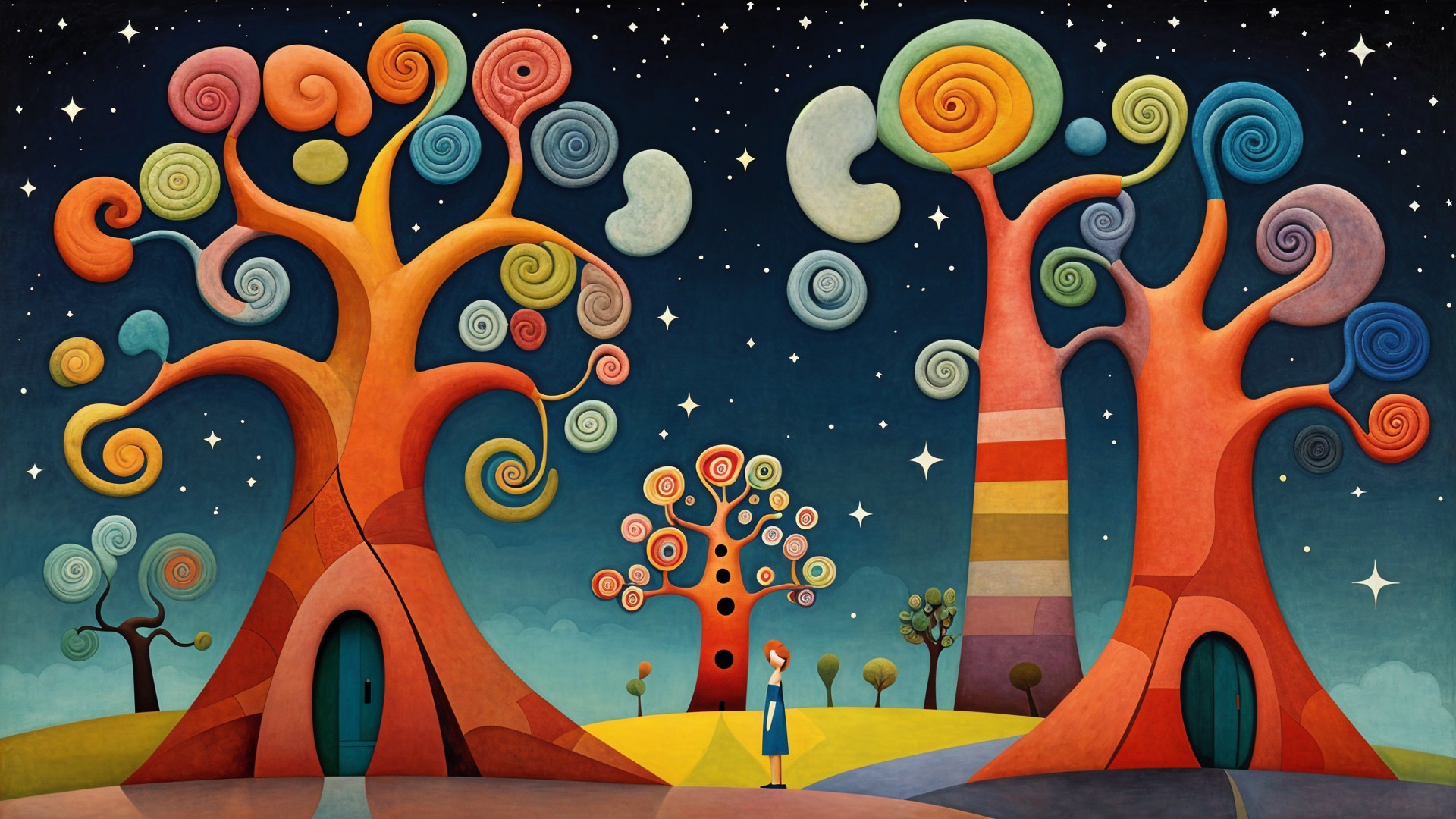 Whimsical Landscape with Colorful Trees and Night Sky
