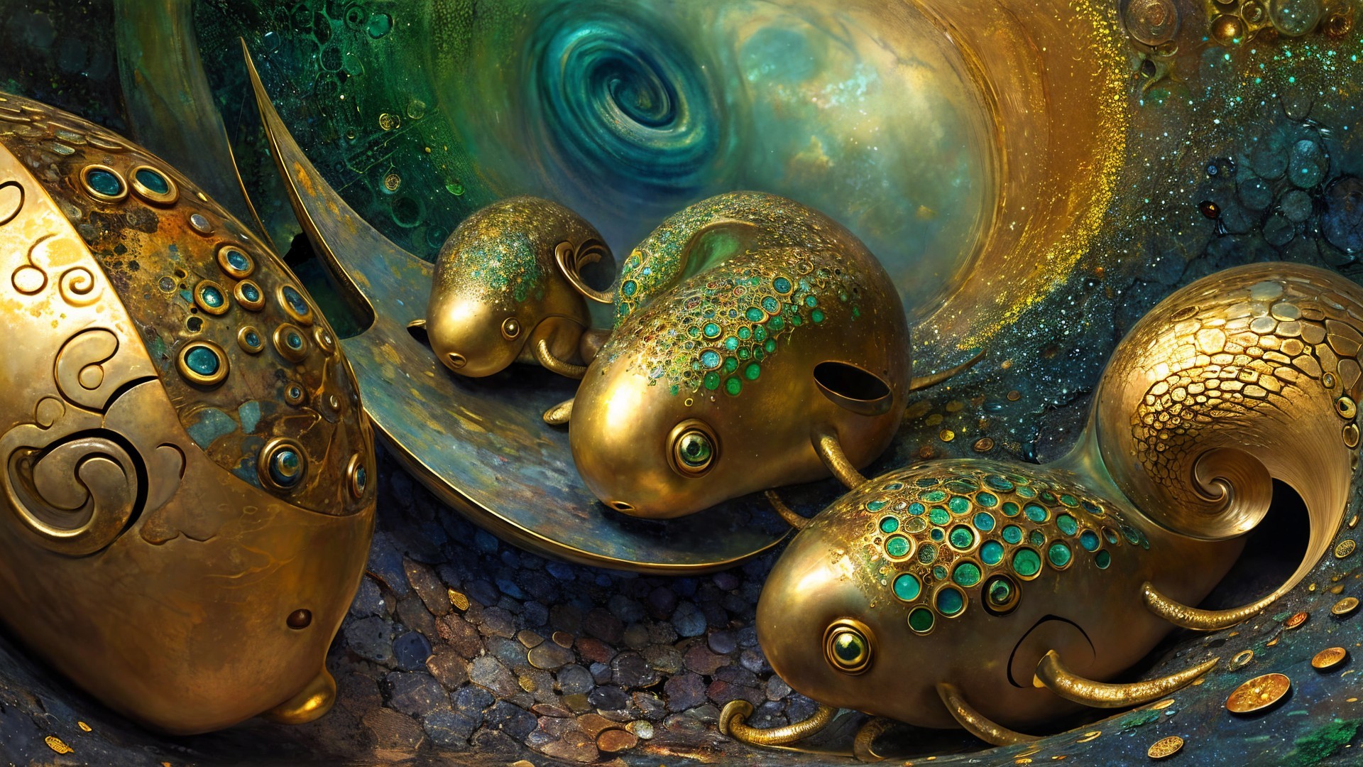 Surreal Underwater Scene with Golden Fish Creatures