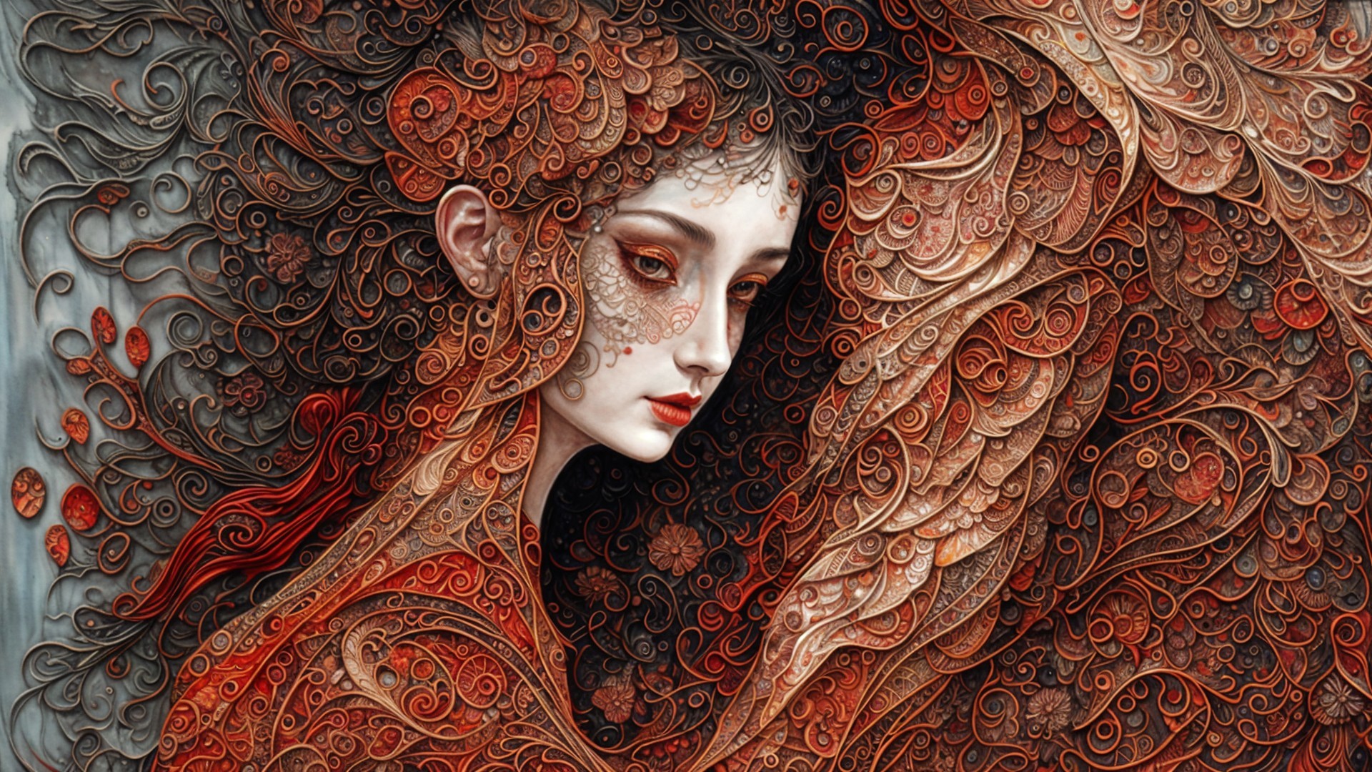 Intricate Portrait of a Woman with Flowing Hair Patterns