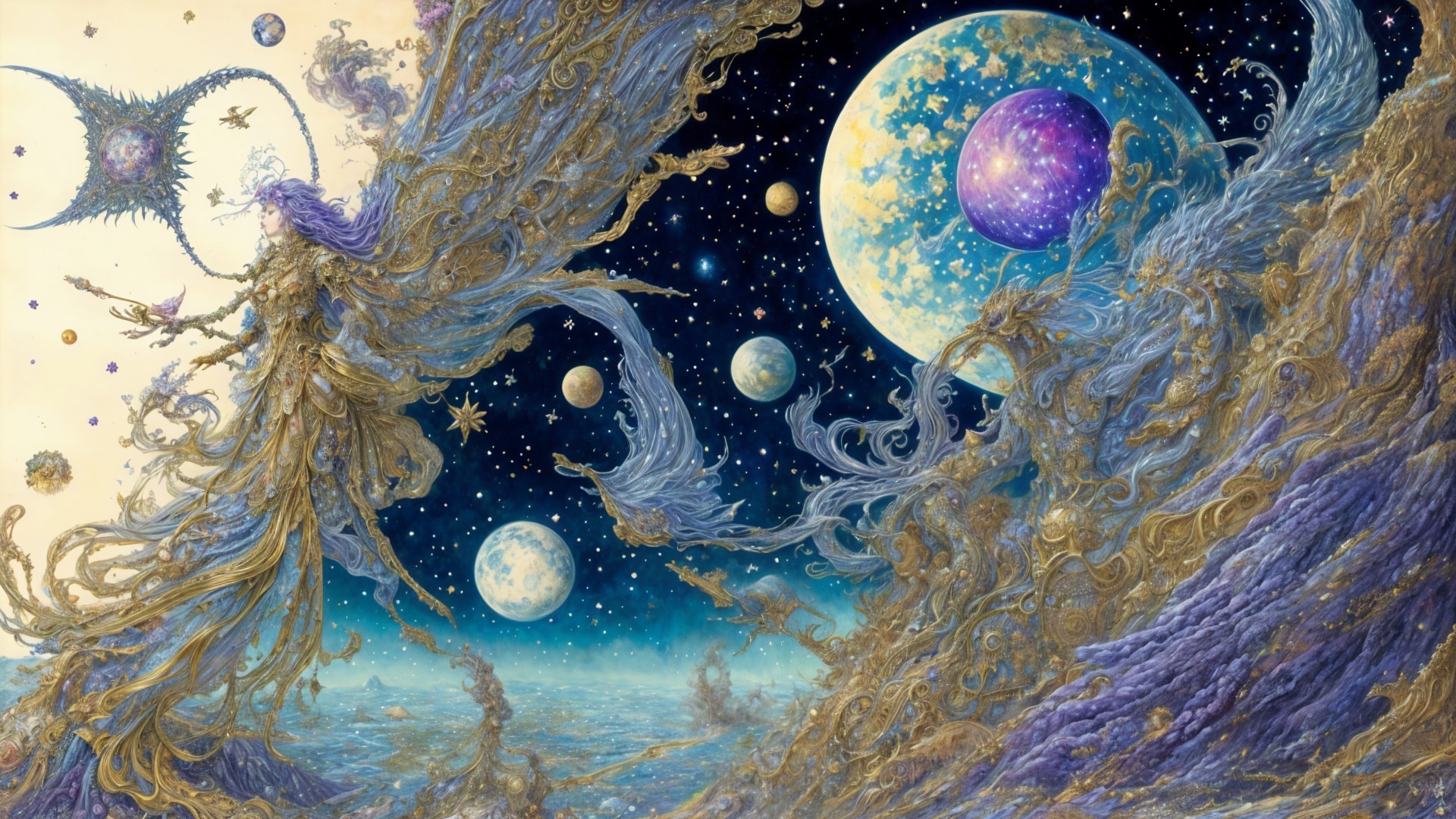 Cosmic Scene with Ethereal Figures and Celestial Bodies